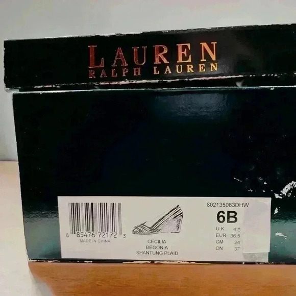 Ralph Lauren Cecilia Pink Plaid Open Toe Wedge - Picture 8 of 8